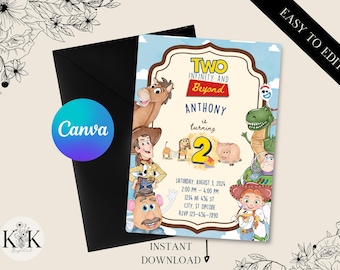 May include: A Toy Story themed birthday invitation with a blue, brown, and white background. The invitation features characters from the movie, including Woody, Buzz Lightyear, Jessie, and Rex. The text on the invitation reads "Two Infinity and Beyond Anthony is turning 2".