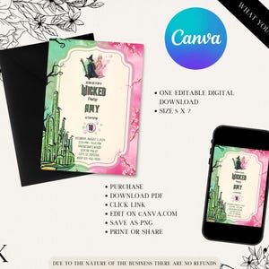 Op de afbeelding: Een digitale uitnodiging voor een Wicked Party met een roze en groene aquarel achtergrond. De uitnodiging toont een silhouet van de Wicked Witch of the West en Glinda the Good Witch, samen met de Emerald City. De tekst op de uitnodiging luidt: "Join us for a Wicked Party Amy 10 Celebrating".