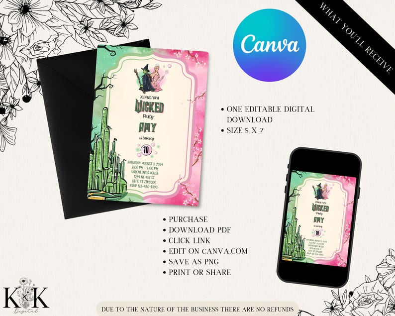 Op de afbeelding: Een digitale uitnodiging voor een Wicked Party met een roze en groene aquarel achtergrond. De uitnodiging toont een silhouet van de Wicked Witch of the West en Glinda the Good Witch, samen met de Emerald City. De tekst op de uitnodiging luidt: "Join us for a Wicked Party Amy 10 Celebrating".