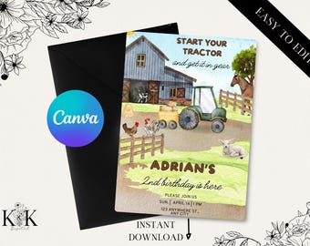 May include: A watercolour illustration of a farm scene with a tractor, a barn, and animals. The text "Start your tractor and get it in gear" is at the top of the image. The text "Adrian's 2nd birthday is here" is at the bottom of the image. The text "Please join us Sun. April 14 | 1 PM 123 Anywhere St., Any City" is below the birthday text.