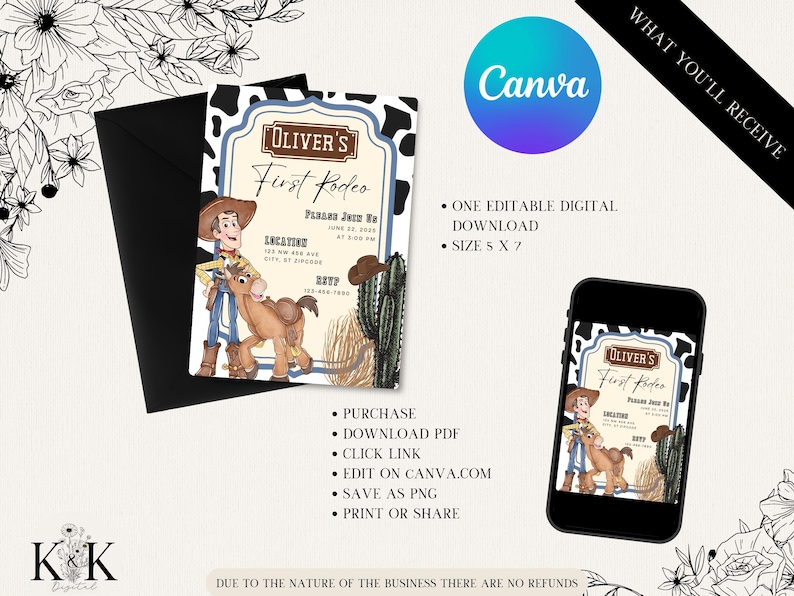Woody First Rodeo Invite Toy Story Birthday Invitation, Woody and Bullseye Digital and Printable ...