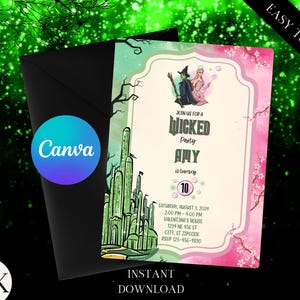 Op de afbeelding: Een roze en groene printbare uitnodiging voor een Wicked-themafeest. De uitnodiging bevat een illustratie van de Wicked Witch of the West en Glinda the Good Witch. De tekst op de uitnodiging luidt "Join us for a Wicked Party Amy is turning 10".