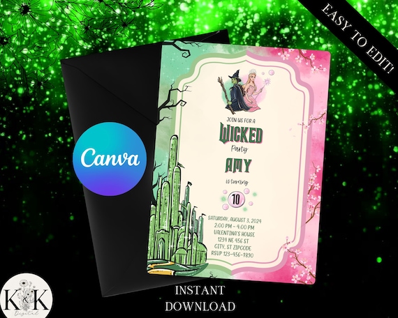Editable Wicked Birthday Party Invitation, Wicked party invite, WICKED invitation, Elphaba & Glinda Theme, Movie party invite