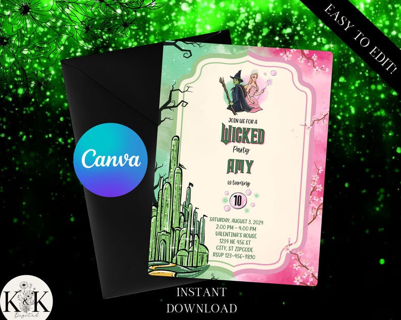Op de afbeelding: Een roze en groene printbare uitnodiging voor een Wicked-themafeest. De uitnodiging bevat een illustratie van de Wicked Witch of the West en Glinda the Good Witch. De tekst op de uitnodiging luidt "Join us for a Wicked Party Amy is turning 10".