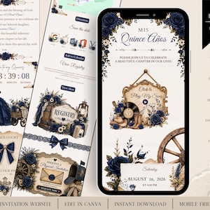 May include: A digital Quince Años invitation template displayed on a smartphone screen, featuring dark blue roses, a vintage wagon wheel, cowboy boots, and a vinyl record graphic. The design includes text such as Mis Quince Años and August 16, 2026.