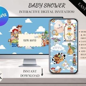 May include: An interactive digital baby shower invitation template displayed on a computer monitor and a smartphone screen. The design features animated characters, a blue sky with clouds, and text including BABY SHOWER, YOU'RE INVITED, and EASY TO EDIT.