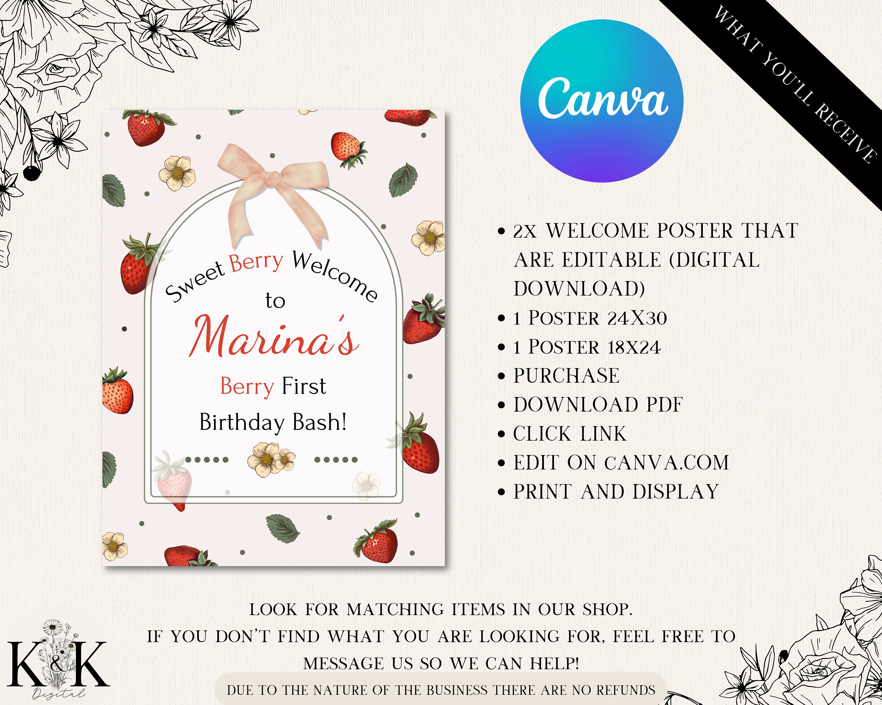 Strawberry Theme Birthday Welcome Poster Berry First Berry Sweet ...