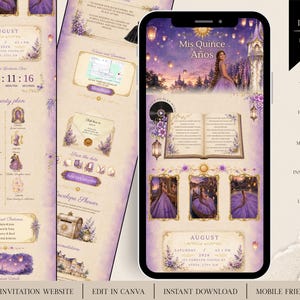 Può includere: Un modello di invito digitale per cellulare per una festa di Mis Quince Años con un tema fiabesco viola e oro. Il design include un libro aperto, lanterne fluttuanti, un castello e una persona con un abito viola.