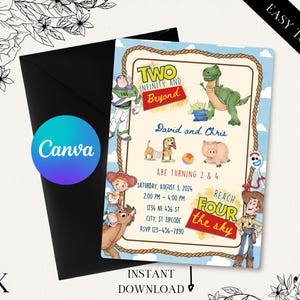 May include: A colorful invitation for a birthday party featuring characters from the Toy Story movie franchise. The invitation is decorated with a blue and white background with clouds and a rope border. The text on the invitation reads "Two Infinity and Beyond" and "Reach Four the Sky".