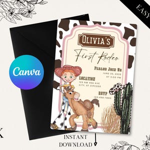 Toy Story Birthday Invitation, Jessie and Bullseye Digital and Printable Invitation, First Rodeo, Cow print, Cowgirl Invite, Western Party