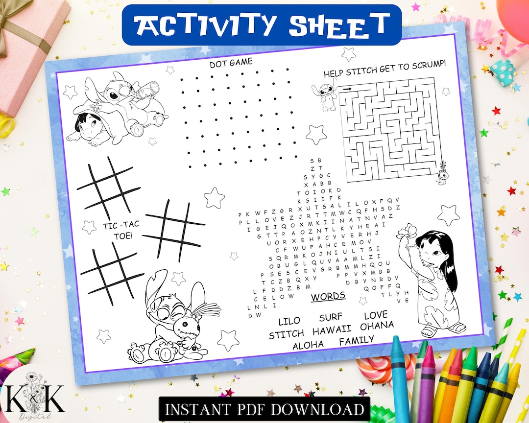 Stitch Kid Activity Placemat, Kids Placemat, Kids Coloring Sheet, Lilo ...