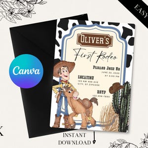 Toy Story Birthday Invitation, Woody and Bullseye Digital and Printable Invitation, First Rodeo, Cow print, Cowboy Invite, Western Party
