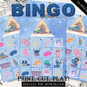 Stitch Slumber Party Bingo, Pyjama Party Bingo, Sleepover Bingo, 20 Slumber Party Bingo Karten, S006