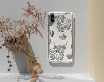 westerns highland cow phone Case, iphone, samsung, google boho seamless highland cow cactus design