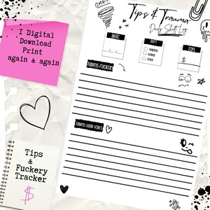 Op de afbeelding: Een witte digitale download-print met een zwart-wit dagelijks dienstlogboek getiteld Tips & Trauma. De lay-out bevat secties voor datum, dienst en fooien, met gelinieerde ruimte voor notities en versierd met handgetekende doodles en tekst.
