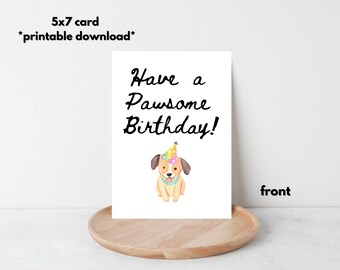 Cute Dog Birthday Card *Printable Download* Greeting Cards, Digital Birthday Card, Printable Card, 5x7 folded, Instant Download PDF