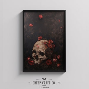 Human Skull and Roses | Dark Wall Art | Moody Art | Printable | Dark Academia | Macabre Wall Art | Gothic Home Decor Aesthetic | Creepy Art
