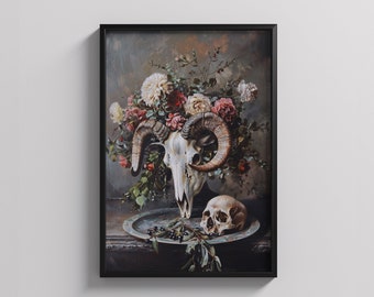 Ram Skull & Flowers Print | Dark Academia Gothic Decor (Digital Download)