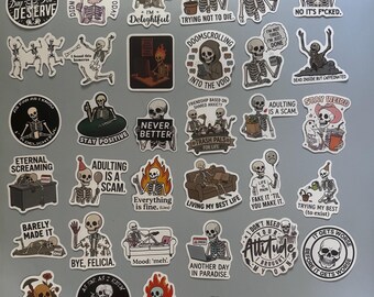 Sarcastic Skeletons Snarky Sticker Collection 30+ sticker lot dark humor funny variety mixed miscellaneous sarcasm snark (SKSS)