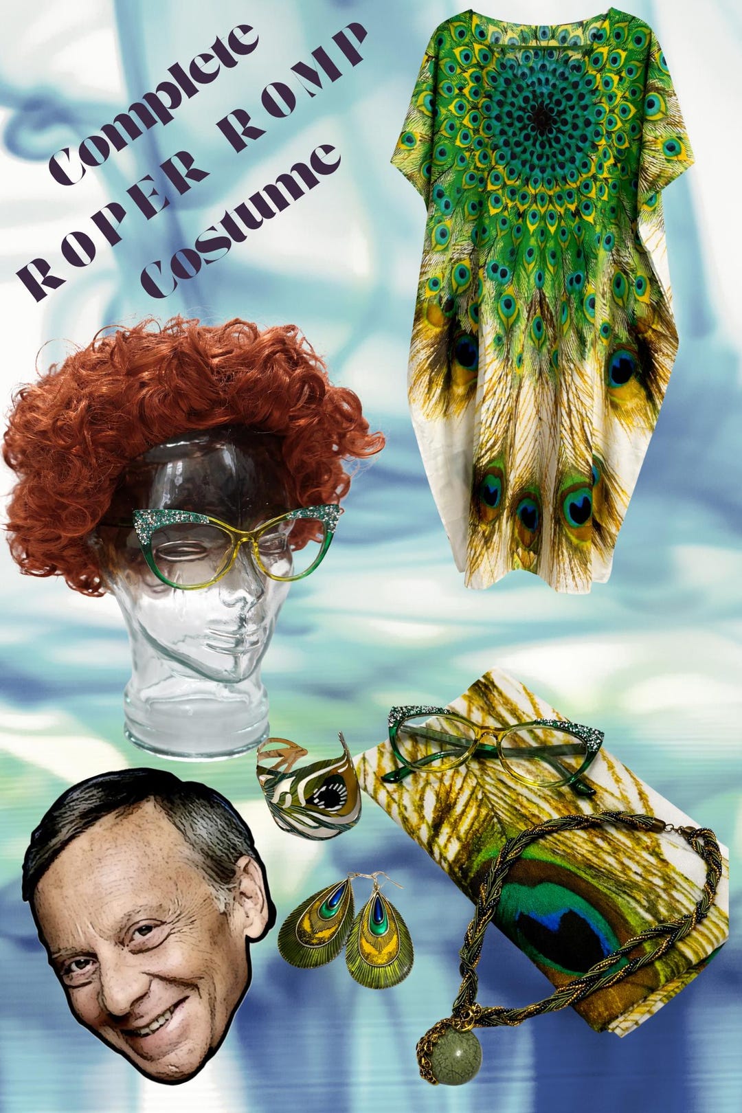 Helen Roper Romp For Men Roper Romp Plus Size Complete Costume. Orange Curly Wig, Peacock Kaftan ...