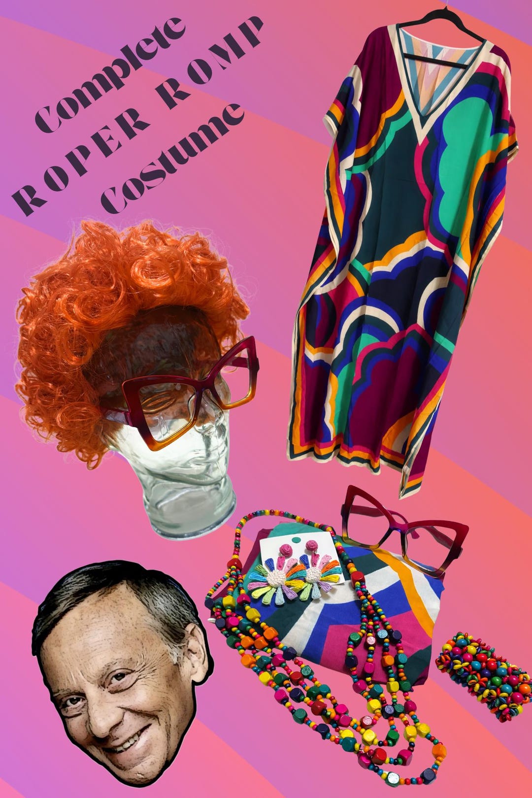 Helen Roper Romp For Men Helen Roper Full Costume, Kaftan Robe, Wig, Jewelry, Glasses, Stanley ...