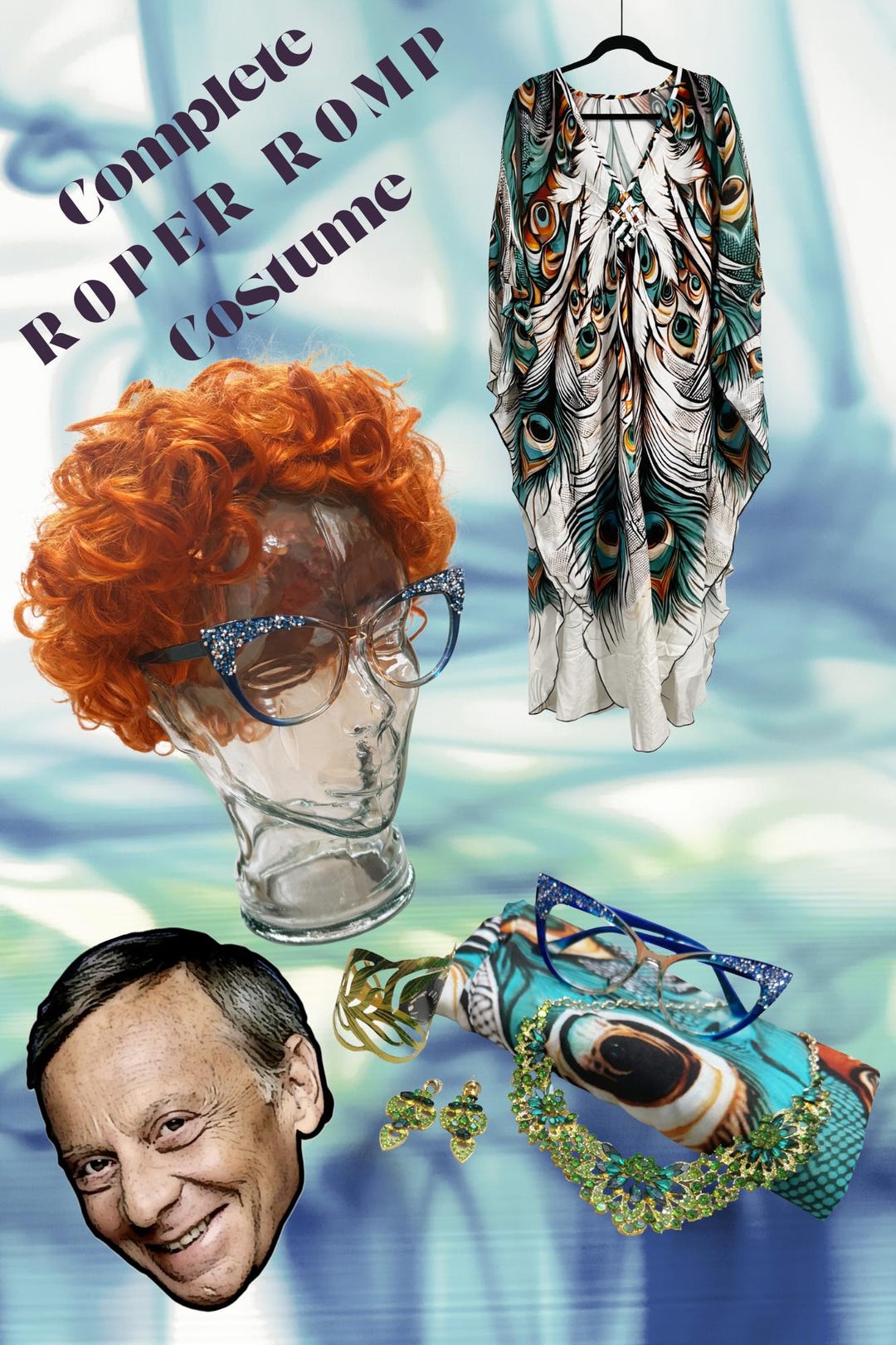 Helen Roper Romp For Men Roper Romp Complete Costume. Orange Curly Wig, Peacock Kaftan Robe ...