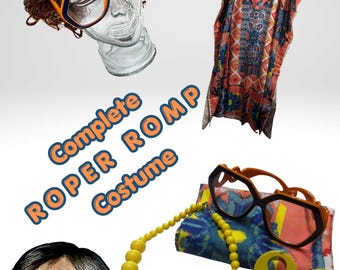 Roper Romp Complete Costume. Auburncurly wig, kaftan robe, jewelry, glasses, Stanley head. Helen caftan. One size fits most.