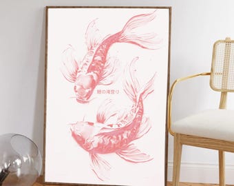 Roze kunstprint koivissen | Japans citaat muurdecoratie | Minimalistische aquarel visposter | Zen esthetische woondecoratie | Lucky Feng Shui-kunst