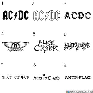 May include: A collage of nine black and white logos of popular rock bands. The logos include AC/DC, Aerosmith, Alice Cooper, and Alice in Chains. The logos are arranged in a grid pattern.