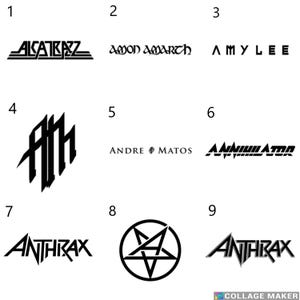 Może przedstawiać: Kolaż dziewięciu czarno-białych logo różnych zespołów heavy metalowych, w tym Alcatraz, Amon Amarth, Amy Lee, Anthrax, Annihilator i Andre Matos.