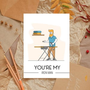 Carte de fête des pères amusante pour lui - Carte de jeu de mots « You're My Iron Man » - Téléchargement instantané, jolie carte de voeux numérique pour papa, mari, petit ami