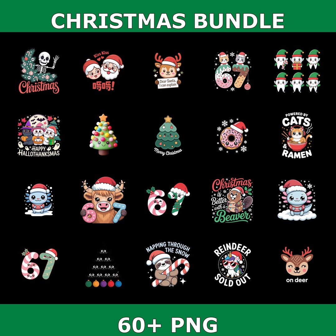 Kawaii Christmas Clipart Bundle, Cute Xmas PNG Collection, Holiday ...