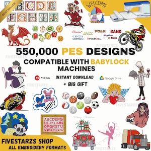以下が含まれることがあります： ドラゴン、果物、スキーをするクマ、ノーム、オートバイなど、さまざまな刺繍デザインを紹介するプロモーション画像。「550,000 PES DESIGNS」と「Babylock Machinesに対応」というテキストが含まれています。画像には「Fivestarz Shop」と「すべての刺繍形式」というテキストも表示されています。