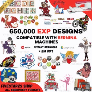 以下が含まれることがあります： 文字、果物、動物、スポーツボールなど、さまざまな刺繍デザインをフィーチャーしたデジタルグラフィック。テキストには「650,000 EXP DESIGNS」と「COMPATIBLE WITH BERNINA MACHINES」が含まれています。画像には「FIVESTARZS SHOP ALL EMBROIDERY FORMATS」というテキストも含まれています。
