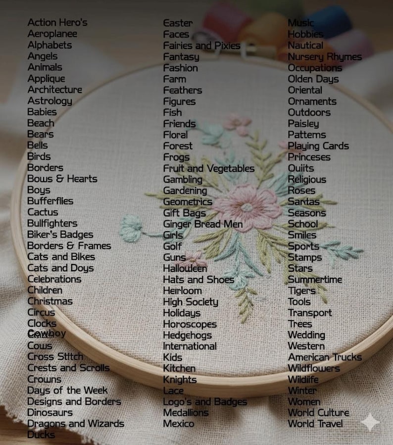 May include: An embroidered hoop art piece with a floral design in pastel colors. The wooden hoop frames the artwork, and a list of words surrounds the embroidery, including "Birds," "Flowers," and "Wedding."