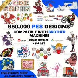 Peut inclure: Une image numérique de broderies variées, incluant des lettres, des fruits, des animaux et des ballons de sport. Le texte indique "950 000 MOTIFS PES COMPATIBLES AVEC LES MACHINES BROTHER" et "TÉLÉCHARGEMENT INSTANTANÉ + GROS CADEAU."