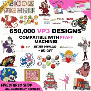 Könnte beinhalten: Werbebild mit verschiedenen Stickmustern, darunter Buchstaben, Tiere, Früchte und Sportbälle. Der Text lautet "650.000 VP3 DESIGNS KOMPATIBEL MIT PFAFF MASCHINEN" und "SOFORT-DOWNLOAD + GROSSES GESCHENK". Das Bild enthält auch den Text "FIVESTARZS SHOP ALLE STICKFORMATE".