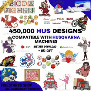 May include: An advertisement for embroidery designs compatible with Husqvarna machines. The image features various embroidered designs, including letters, fruits, animals, and sports balls. Text includes "450,000 HUS DESIGNS" and "INSTANT DOWNLOAD + BIG GIFT."