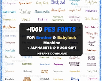 1000種類以上の機械刺繍フォントデザイン（1インチ、2インチ、3インチ）– BrotherおよびBabylock用PES形式（即時ダウンロード）
