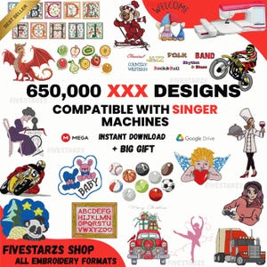 Könnte beinhalten: Eine Collage von Stickmustern, darunter Buchstaben, Früchte, Tiere und Sportbälle. Das Bild zeigt den Text "650.000 XXX DESIGNS COMPATIBLE WITH SINGER MACHINES" und "SOFORT-DOWNLOAD + GROSSES GESCHENK". Der Shop-Name ist "FIVESTARZS SHOP".