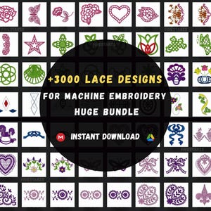 Peut inclure: Une grille de motifs de broderie, comprenant des fleurs, des papillons et des cœurs. Le texte indique "+3000 LACE DESIGNS FOR MACHINE EMBROIDERY HUGE BUNDLE INSTANT DOWNLOAD". Les motifs sont violets, verts et blancs.