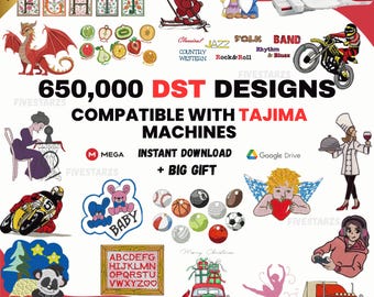 Può includere: Annuncio di disegni di ricamo digitale. L'immagine mostra una varietà di disegni, tra cui lettere, animali, frutta e palloni sportivi. Il testo include "650.000 DISEGNI DST" e "Compatibile con macchine Tajima."