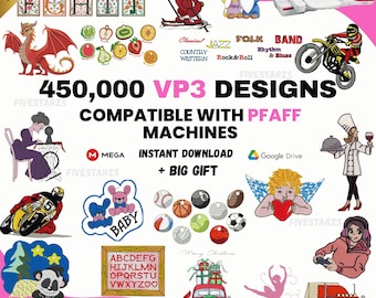 Puede incluir: Una colección de diseños de bordado con varios temas, incluyendo letras, animales, deportes y motivos festivos. La imagen presenta el texto "450.000 DISEÑOS VP3 COMPATIBLES CON MÁQUINAS PFAFF" y "DESCARGA INSTANTÁNEA + GRAN REGALO". Los diseños son de la tienda FiveStarz.