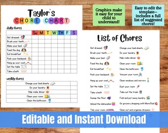 Chore Chart for Kids, Printable Editable Daily & Weekly Chore Responsibility Chart, Cleaning Chart with Graphics, Digital Download, Canva