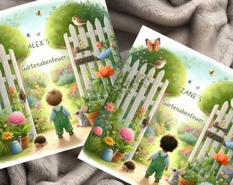 Personalisiertes Kinderbuch 'Gartenabenteuer' - Geschichte & Illustration mit Ihrem Namen - Einzigartiges Geschenk für Kinder