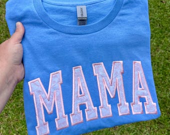 Personalized MAMA Embroidered Appliqué T-Shirt: Custom Name Gift