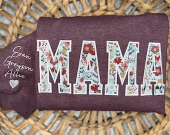 Floral Appliqué Mama Sweatshirt, Embroidered Crewneck, Personalized Gift