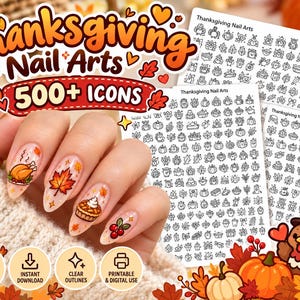 Può includere: Una collezione digitale di Thanksgiving Nail Arts con oltre 500 icone. Il set include diversi fogli di illustrazioni a linee bianche e nere di tacchini, zucche, foglie e torte, adatti per uso stampabile e digitale.
