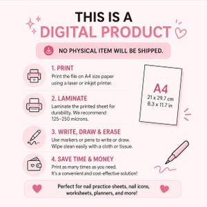 Puede incluir: Un gr&aacute;fico de instrucciones para un producto digital en color rosa claro con el texto THIS IS A DIGITAL PRODUCT y NO PHYSICAL ITEM WILL BE SHIPPED. Describe cuatro pasos: imprimir en papel A4, laminar, escribir y borrar, y ahorrar tiempo.