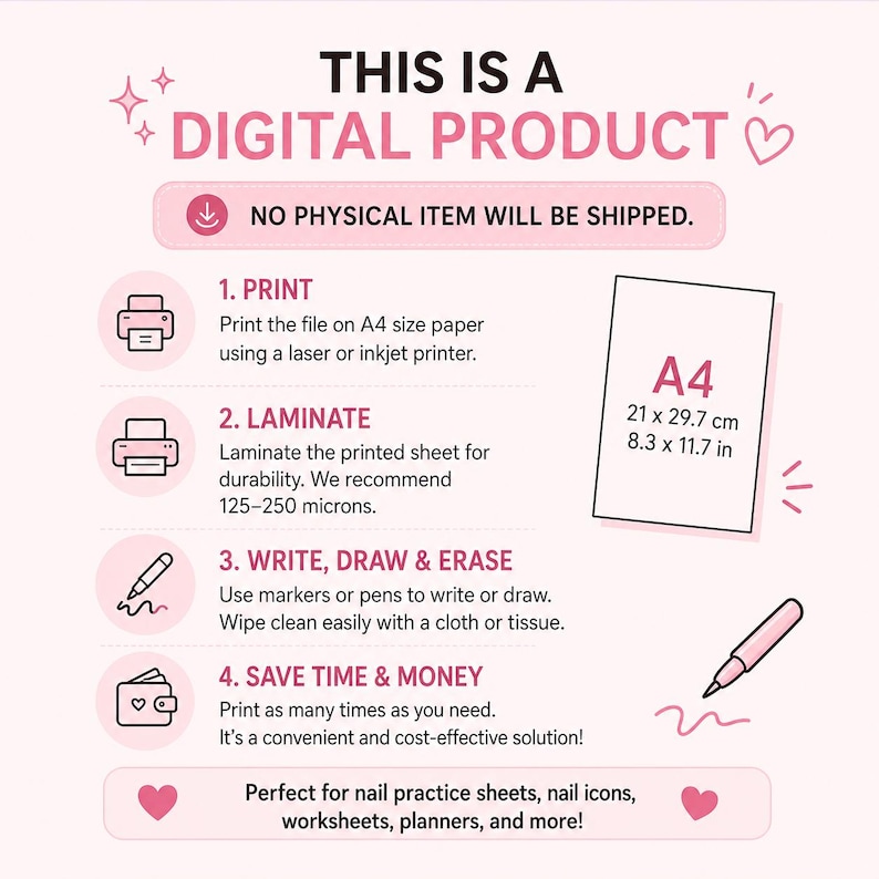 Puede incluir: Un gr&aacute;fico de instrucciones para un producto digital en color rosa claro con el texto THIS IS A DIGITAL PRODUCT y NO PHYSICAL ITEM WILL BE SHIPPED. Describe cuatro pasos: imprimir en papel A4, laminar, escribir y borrar, y ahorrar tiempo.